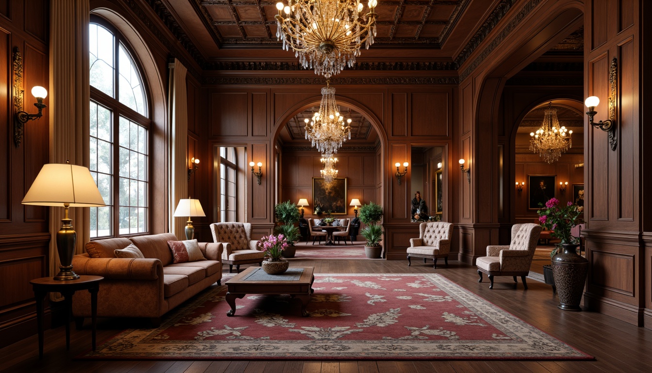 Prompt: Elegant classic interior, rich wood tones, ornate carvings, velvet upholstery, luxurious fabrics, tufted sofas, rolled-arm chairs, wooden coffee tables, intricately patterned rugs, crystal chandeliers, golden accents, soft warm lighting, shallow depth of field, 1/1 composition, realistic textures, ambient occlusion.