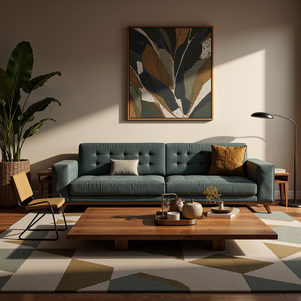 Prompt: Mid-century modern living room, sleek wooden coffee table, tufted velvet sofa, minimalist metal armchairs, abstract artwork, geometric-patterned rug, warm ambient lighting, 1/1 composition, shallow depth of field, realistic textures, soft box shadows.