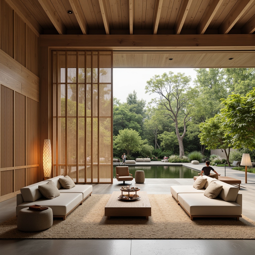 Prompt: Minimalist Asian-style living room, natural wood accents, sliding Shoji screens, low-seating furniture, woven bamboo textiles, subtle lighting, paper lanterns, bonsai trees, stone or wooden flooring, serene water features, peaceful garden views, warm beige color palette, 1/2 composition, softbox lighting, realistic wood grain textures, ambient occlusion.