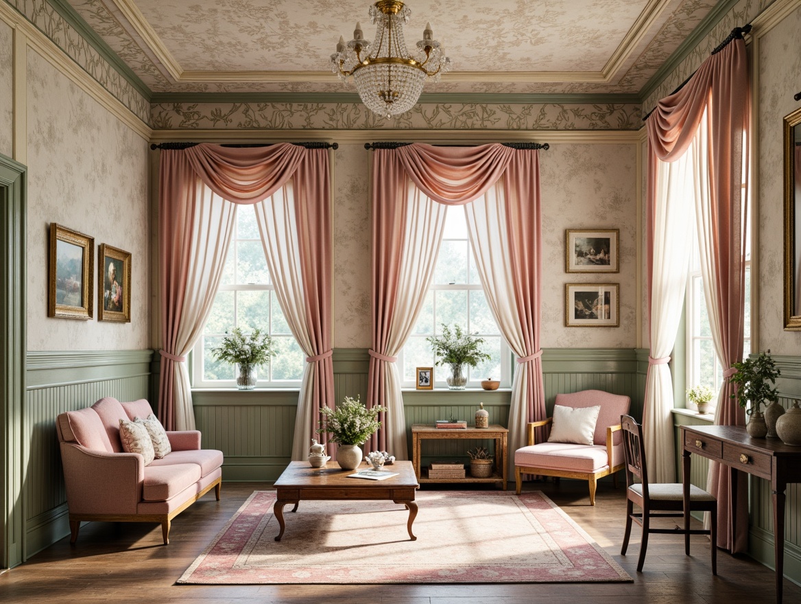 Prompt: Soft pastel hues, distressed finishes, vintage accents, ornate moldings, floral patterns, lace textures, worn wood tones, antique furniture pieces, velvet drapes, crystal chandeliers, aged stone walls, rustic metal fixtures, whimsical illustrations, watercolor effects, warm candlelight, shallow depth of field, 1/1 composition, romantic ambiance, nostalgic atmosphere.