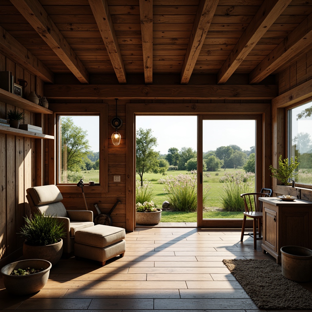 Prompt: Rustic farmhouse interior, wooden beams, natural light pouring in, large windows, sliding glass doors, rural scenery views, green pastures, wildflowers, vintage farm tools, distressed wood accents, earthy color palette, organic textures, cozy atmosphere, soft warm lighting, shallow depth of field, 1/1 composition, realistic reflections, ambient occlusion.