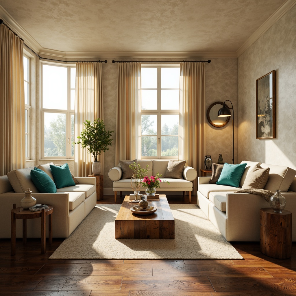 Prompt: Elegant living room, soft warm beige walls, rich walnut wood floors, comfortable plush sofas, velvety smooth armchairs, vibrant turquoise accent pillows, natural light pouring in through large windows, subtle cream-colored curtains, rustic wooden coffee table, delicate porcelain vases, warm golden lighting, 1/1 composition, shallow depth of field, realistic textures, ambient occlusion.