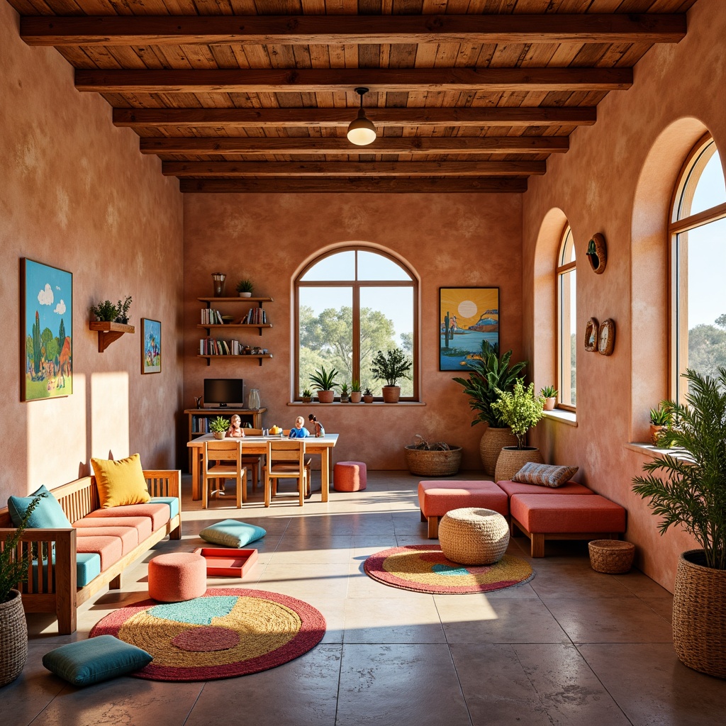 Prompt: Vibrant kindergarten interior, southwestern-inspired furniture, adobe-style brick walls, colorful woven textiles, rustic wooden accents, natural stone floors, cozy reading nooks, playful kid-sized tables, whimsical hand-painted murals, warm earthy tones, plush area rugs, soft cushioned chairs, wicker baskets, desert-inspired planters, bright sunny windows, 1/2 composition, shallow depth of field, realistic textures, ambient occlusion.