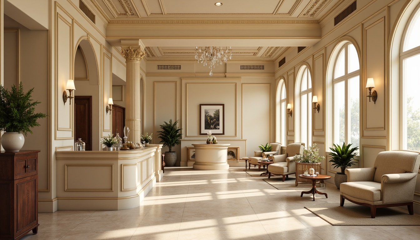 Prompt: Elegant dental clinic, soft warm lighting, cream-colored walls, rich wood accents, ornate furniture, classic columns, decorative moldings, subtle gold trimmings, crystal chandeliers, luxurious textiles, calming atmosphere, natural stone floors, traditional architecture, harmonious color palette, 1/1 composition, shallow depth of field, realistic textures, ambient occlusion.