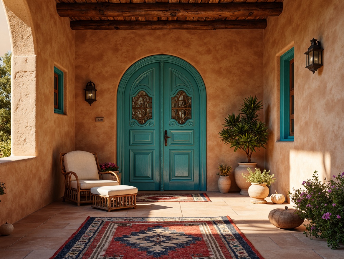 Prompt: Southwestern adobe-style villa, earthy toned stucco walls, rustic wooden accents, vibrant turquoise doors, ornate ironwork, colorful woven textiles, patterned ceramic tiles, natural fiber rugs, warm golden lighting, shallow depth of field, 1/1 composition, soft focus background, ambient occlusion, realistic shadows.