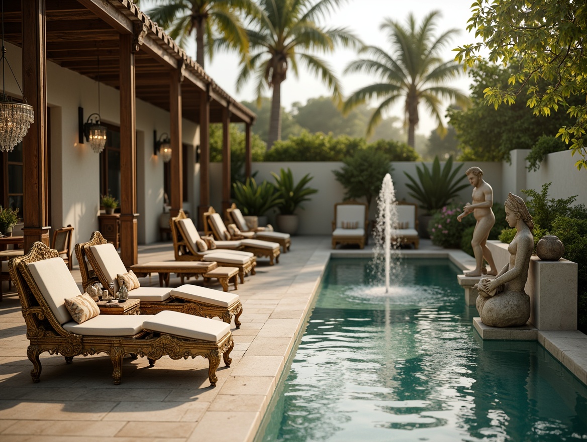 Prompt: Ornate Rococo poolside furniture, lavish golden accents, plush velvet cushions, intricately carved wooden legs, majestic stone statues, sparkling crystal chandeliers, grandiose fountain features, lush greenery surroundings, sunny day ambiance, soft warm lighting, shallow depth of field, 3/4 composition, panoramic view, realistic textures, ambient occlusion.