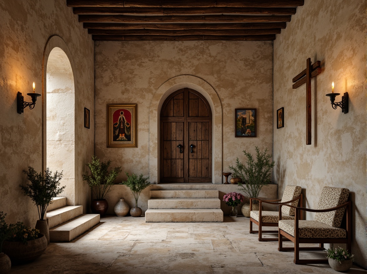 Prompt: Weathered stone walls, rustic wooden doors, distressed metal accents, soft candlelight, warm beige tones, muted earthy reds, faded blues, creamy whites, gentle golden hues, natural linen fabrics, vintage tapestries, ornate crosses, subtle texture overlays, shallow depth of field, 1/1 composition, atmospheric lighting, realistic renderings.