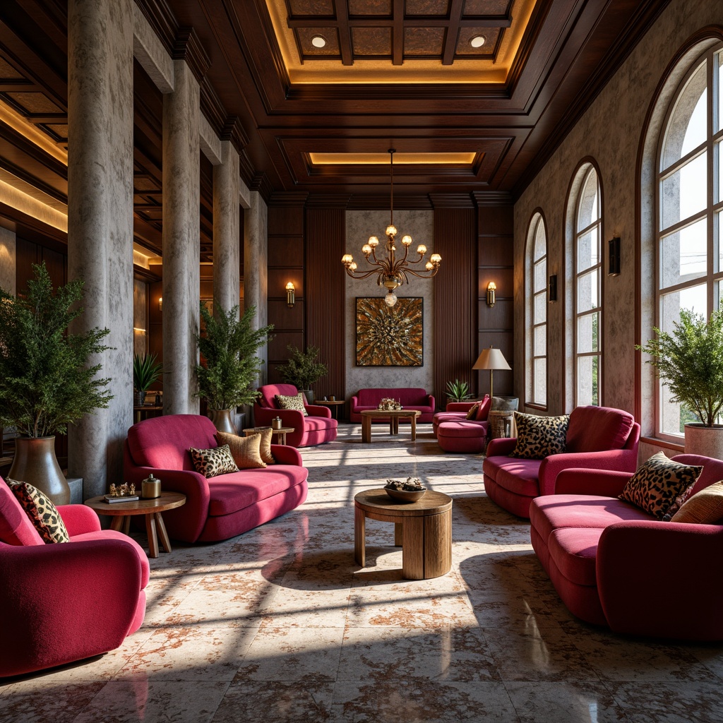 Prompt: Luxurious interior, rich velvet fabrics, metallic accents, polished marble floors, exotic wood grains, textured stone walls, avant-garde furniture designs, bold colorful patterns, intricate geometric shapes, high-end decorative lighting, soft warm ambiance, dramatic shadows, 1/2 composition, shallow depth of field, realistic reflections.