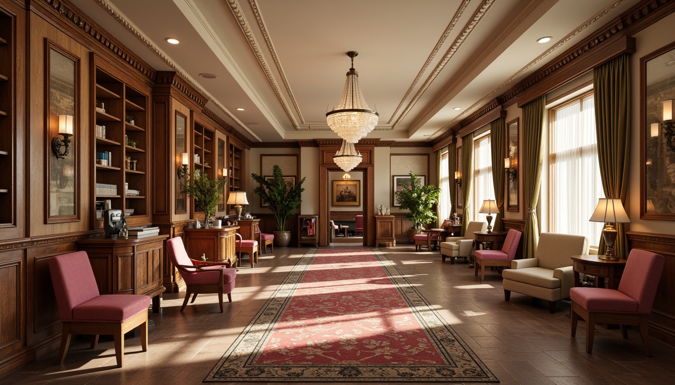 Prompt: Rich wood tones, ornate carvings, velvet upholstery, antique bronze hardware, crystal chandeliers, plush area rugs, comfortable waiting chairs, elegant reception desks, classic dental equipment, warm beige walls, soft cream lighting, 1/1 composition, realistic textures, ambient occlusion, calm atmosphere, serene ambiance.