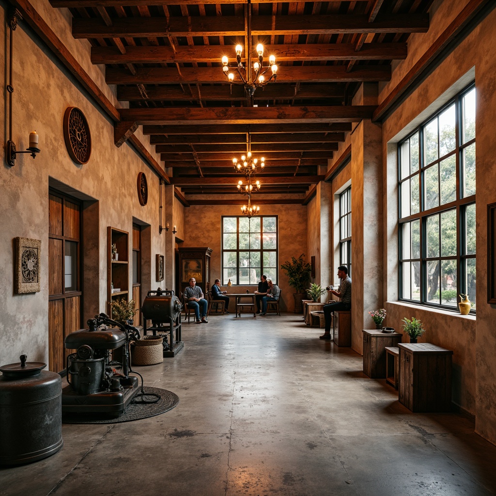 Prompt: Rustic industrial factory interior, exposed wooden beams, reclaimed wood accents, southwestern earth tones, natural stone walls, distressed metal details, vintage machinery, concrete floors, Edison bulb lighting, warm cozy atmosphere, shallow depth of field, 1/2 composition, soft warm lighting, ambient occlusion.