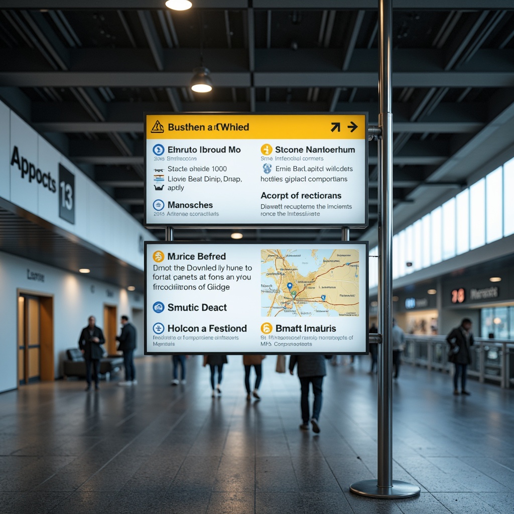 Prompt: Clear directional signs, modern sans-serif fonts, bright contrasting colors, sleek metal poles, sturdy bases, easy-to-read information, arrow indicators, distance labels, landmark icons, simple maps, intuitive navigation, airport-like signage, overhead suspension, rounded corners, matte finishes, soft ambient lighting, shallow depth of field, 1/1 composition, realistic textures, ambient occlusion.