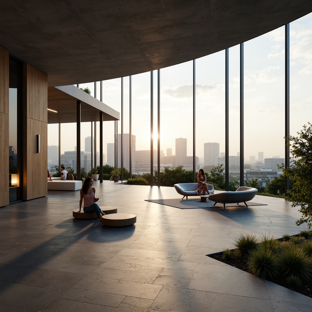 Prompt: Curved lines, minimalist decor, sleek metal accents, floor-to-ceiling windows, natural stone flooring, open-plan living areas, flowing interior spaces, seamless transitions, modernist architecture, geometric shapes, urban cityscape views, misty morning light, soft warm glow, shallow depth of field, 1/1 composition, panoramic view, realistic reflections, ambient occlusion.