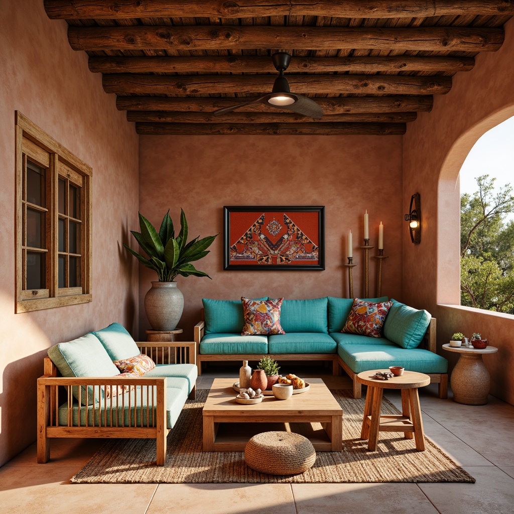 Prompt: Rustic wooden furniture, earthy terracotta tones, vibrant turquoise accents, woven textiles, geometric patterns, natural fabrics, adobe-inspired architecture, desert botanicals, cacti, succulents, warm sandy beige, distressed wood finishes, metal accents with a rustic patina, Southwestern-inspired motifs, bold colorful upholstery, comfortable plush cushions, warm ambient lighting, cozy intimate spaces, 3/4 composition, shallow depth of field.