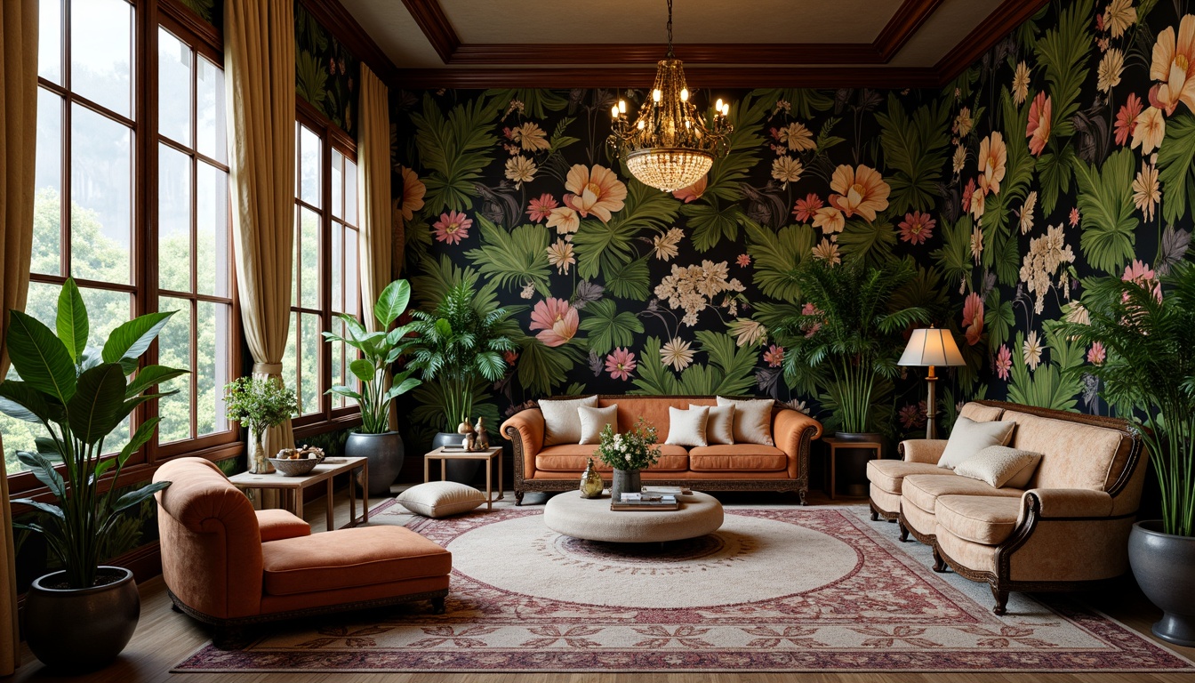 Prompt: Intricate floral patterns, lush greenery, opulent fabrics, velvet drapes, ornate furniture upholstery, sinuous lines, flowing curves, organic shapes, luxurious materials, rich colors, golden accents, subtle sheen, soft warm lighting, intimate atmosphere, cozy nooks, plush area rugs, elegant wallcoverings, beaded trims, tassel details, botanical motifs, Art Nouveau inspirations, vintage elegance, sophisticated ambiance.