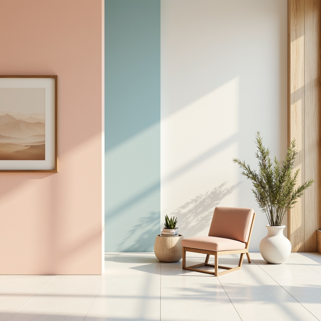 Prompt: Pastel color scheme, soft peach tones, calming blue hues, creamy whites, warm beige accents, natural wood textures, elegant minimalist design, serene atmosphere, subtle gradient effects, gentle lighting, 1/1 composition, realistic renderings, ambient occlusion.