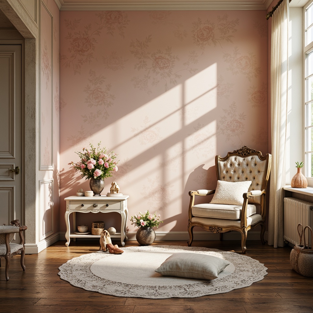 Prompt: Vintage distressed walls, soft peach tones, muted rose hues, creamy whites, warm beige accents, delicate lace patterns, antique furniture pieces, ornate metal details, pastel-colored florals, gentle candlelight, rustic wooden floors, distressed finishes, faded velvet textures, romantic drapery, whimsical accessories, French country-inspired decor, feminine elegance, airy natural light, subtle shading, 1/1 composition, intimate atmosphere.