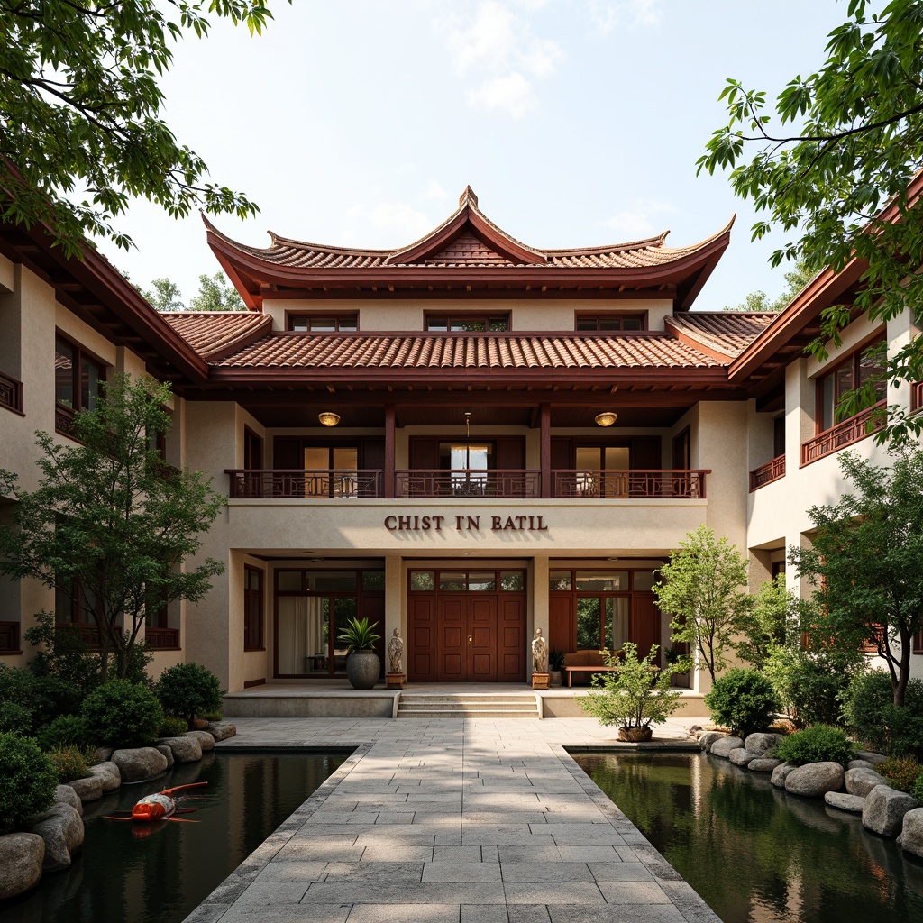 Prompt: Traditional Asian-style school building, pagoda-inspired architecture, curved rooftops, vibrant red accents, golden details, natural wood tones, earthy brown colors, soft greenery, lush bamboo plants, serene water features, tranquil koi ponds, peaceful stone gardens, intricate carvings, subtle lantern lighting, warm beige walls, rustic wooden doors, Asian-patterned tiles, harmonious color balance, soft morning light, shallow depth of field, 1/1 composition, realistic textures, ambient occlusion.