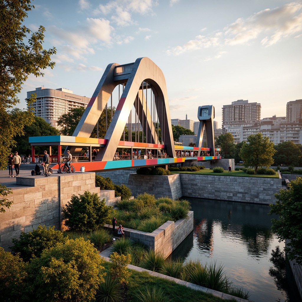 Prompt: Vibrant urban landscape, eclectic bridge design, steel arches, suspension cables, modern architecture, asymmetrical shapes, bold color schemes, dynamic lighting effects, pedestrian walkways, cycling paths, green roofs, integrated gardens, natural stone walls, water features, scenic overlooks, panoramic views, shallow depth of field, 1/2 composition, warm golden hour lighting, realistic textures, ambient occlusion.