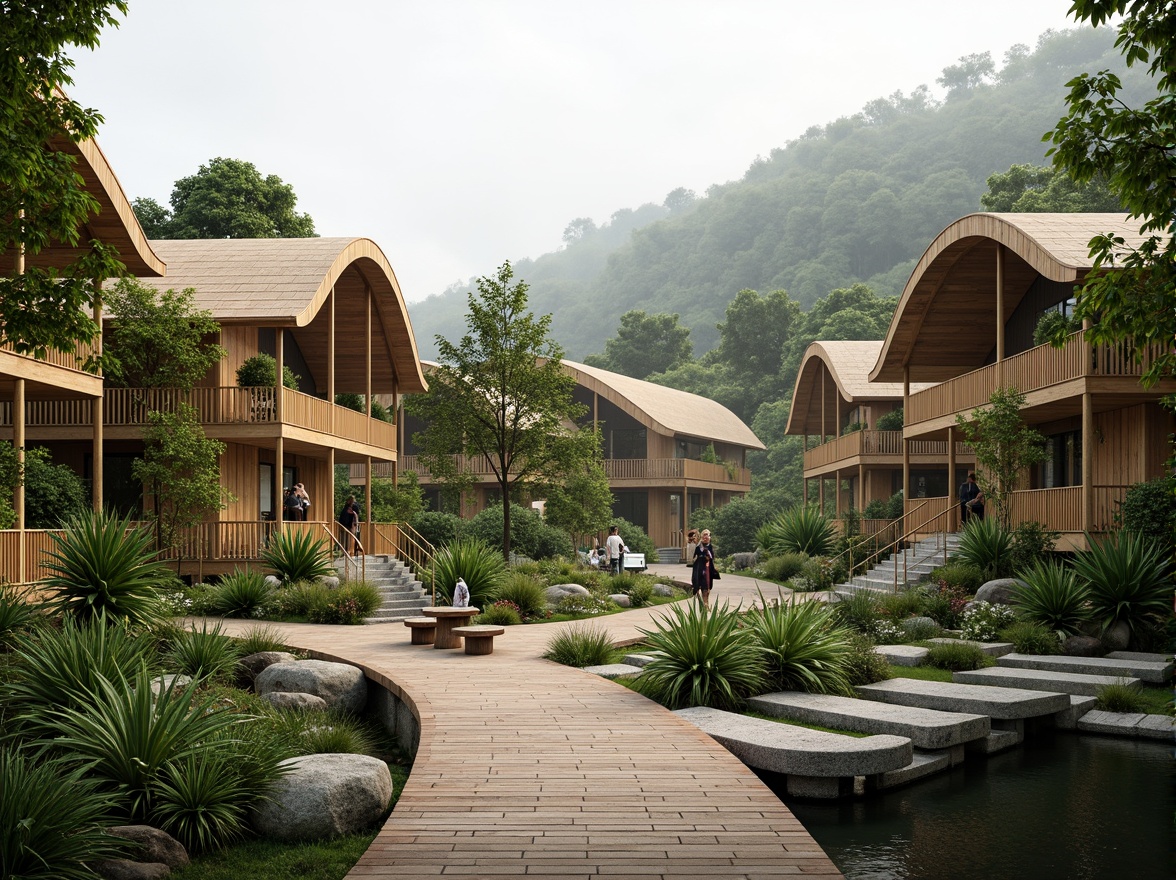 Prompt: Sustainable bamboo buildings, organic curves, natural ventilation, green roofs, lush vegetation, tropical plants, misty atmosphere, serene water features, wooden walkways, stone pathways, rustic benches, eco-friendly materials, minimal carbon footprint, energy-efficient systems, solar panels, wind turbines, rainwater harvesting, innovative irrigation systems, panoramic views, shallow depth of field, 3/4 composition, warm soft lighting, realistic textures, ambient occlusion.