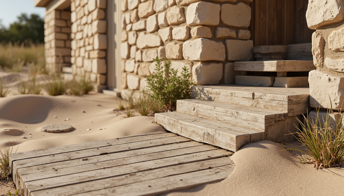 Prompt: Weathered sandy dunes, rough stone walls, rustic wooden planks, worn concrete floors, peeling paint textures, distressed metal surfaces, faded fabric patterns, natural earthy tones, warm beige colors, soft golden lighting, shallow depth of field, 1/1 composition, realistic normal maps, ambient occlusion.