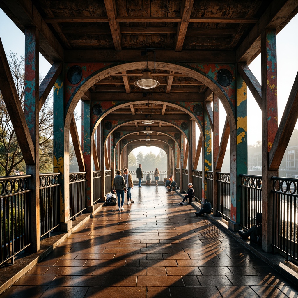 Prompt: Eclectic bridge, ornate metal railings, intricate stone carvings, vibrant colorful accents, asymmetrical arches, irregular shapes, mixed materials, industrial steel beams, rustic wooden planks, decorative trusses, grand entrance gates, majestic piers, flowing water reflections, misty atmospheric effects, warm golden lighting, shallow depth of field, 1/2 composition, dramatic low-angle shot, realistic textures, ambient occlusion.