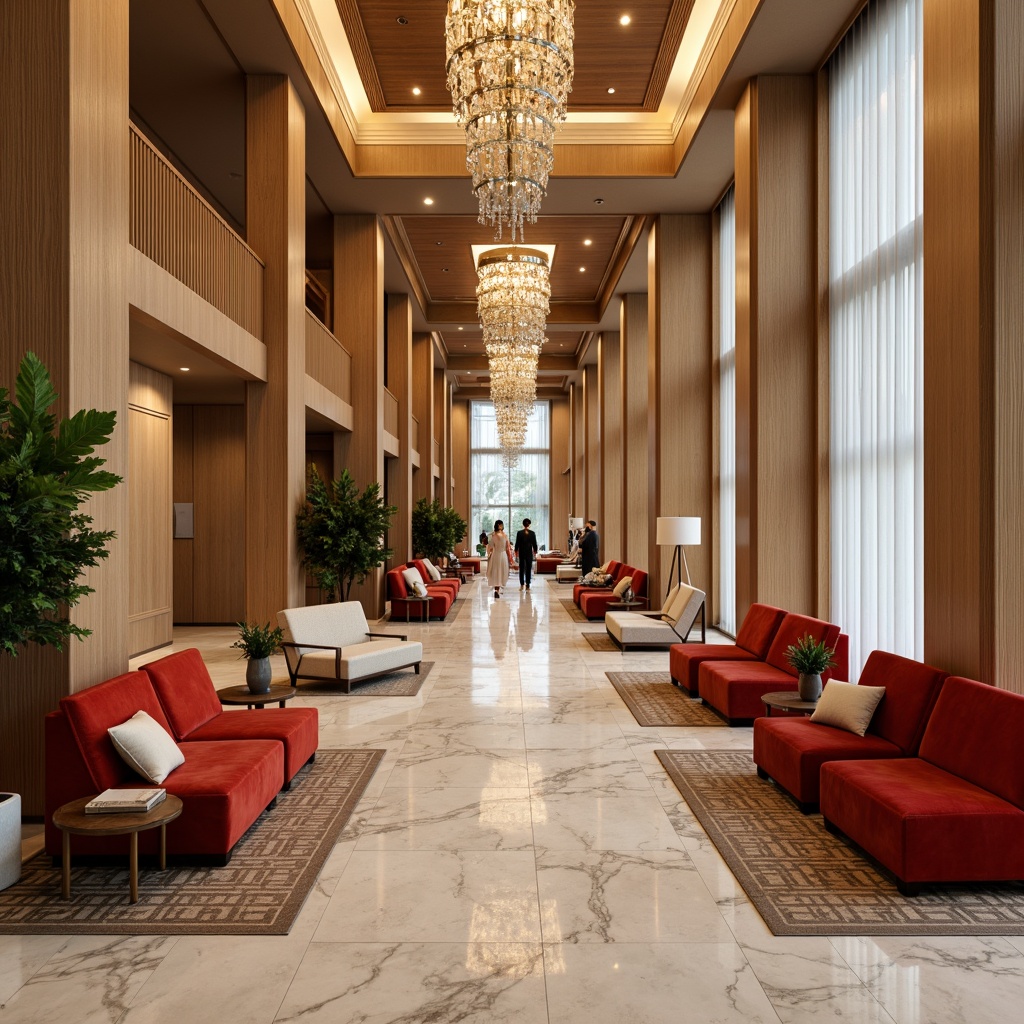 Prompt: Luxurious hotel lobby, rich wood accents, warm beige tones, soft cream colors, velvety red furnishings, metallic gold details, elegant chandeliers, sophisticated marble floors, lavish greenery, natural stone walls, modern minimalist decor, ambient warm lighting, shallow depth of field, 3/4 composition, panoramic view, realistic textures, ambient occlusion.