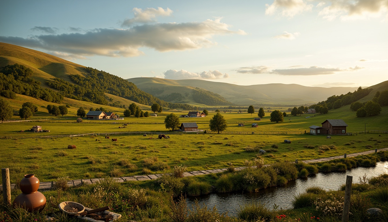 Prompt: Rolling hills, vast open fields, rustic farmhouses, wooden fences, green pastures, grazing livestock, wildflowers, meandering streams, serene rural atmosphere, warm golden lighting, soft focus, shallow depth of field, 1/1 composition, panoramic view, realistic textures, ambient occlusion, natural stone pathways, earthenware pottery, vintage agricultural tools, weathered wood accents, earthy color palette.