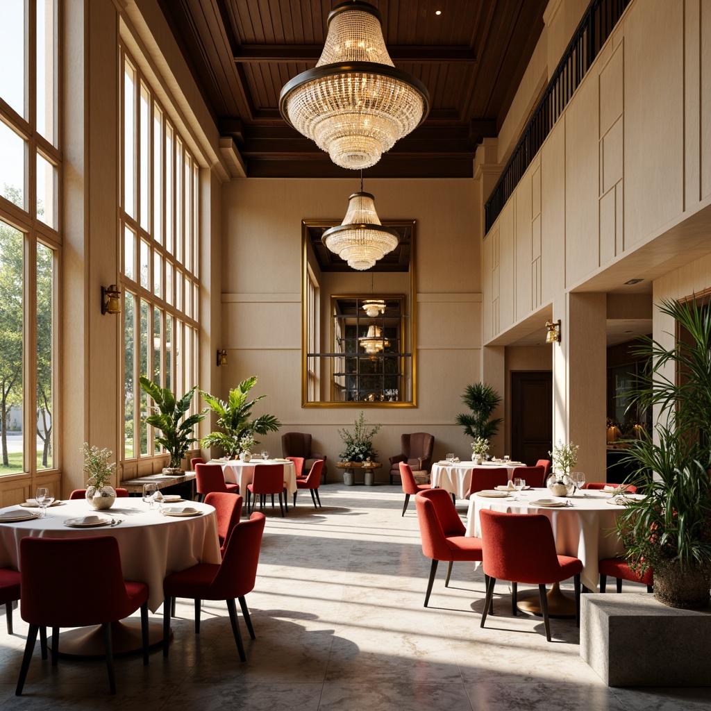 Prompt: Elegant dining hall, luxurious chandeliers, rich wood tones, warm beige walls, soft cream accents, velvety red upholstery, golden metallic fixtures, sophisticated gray marble floors, lavish greenery, natural light pouring in, airy atmosphere, shallow depth of field, 1/1 composition, realistic textures, ambient occlusion.