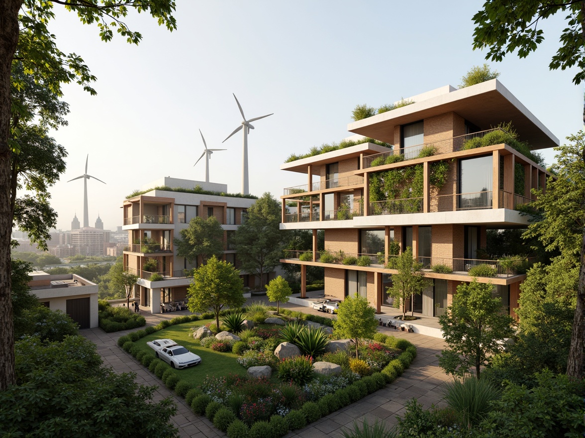 Prompt: Eco-friendly buildings, green roofs, solar panels, wind turbines, rainwater harvesting systems, recycled materials, low-carbon footprint, energy-efficient systems, natural ventilation, large windows, abundant daylight, minimalist design, organic shapes, living walls, urban gardens, vibrant greenery, serene atmosphere, soft warm lighting, shallow depth of field, 3/4 composition, panoramic view, realistic textures, ambient occlusion.