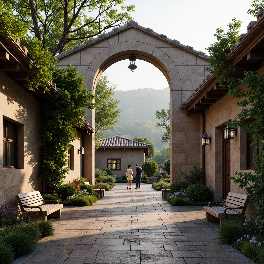 Prompt: Rustic charging station, Romanesque arches, stone walls, green roofs, lush vines, blooming flowers, natural stone pavement, ornate metal lanterns, warm soft lighting, misty morning atmosphere, shallow depth of field, 1/1 composition, symmetrical framing, realistic textures, ambient occlusion, rolling hills, serene countryside, meandering paths, ancient trees, weathered wooden benches, decorative ironwork, intricate carvings.