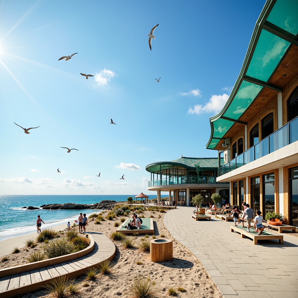 Prompt: Vibrant tram station, coastal scenery, ocean views, sandy beaches, seagulls flying, nautical ropes, wooden docks, modern architecture, curved lines, large windows, glass roofs, natural light, bright color scheme, turquoise accents, coral-inspired patterns, ocean-blue hues, sunny day, soft warm lighting, shallow depth of field, 3/4 composition, panoramic view, realistic textures, ambient occlusion.