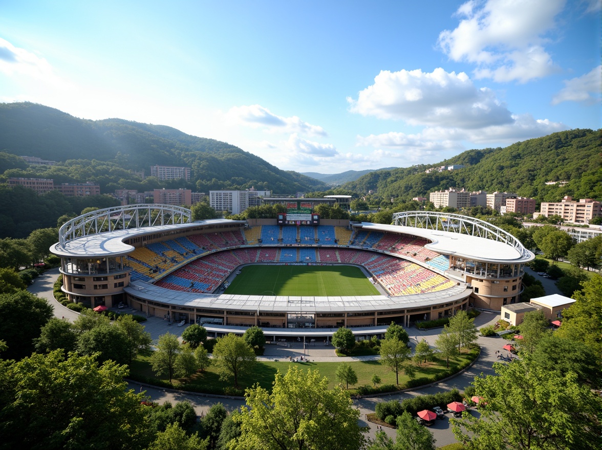 Prompt: Panoramic stadium views, lush greenery, rolling hills, natural stone seating areas, curved architecture, modern sports facilities, sleek metal structures, transparent roofs, cantilevered upper decks, vibrant colorful seats, dynamic lighting systems, shallow depth of field, 3/4 composition, realistic textures, ambient occlusion, integrated landscape design, eco-friendly materials, sustainable water management systems, rainwater harvesting, green roofs, urban planning, public art installations, pedestrian walkways, cycling paths, scenic overlooks, sunny day, soft warm lighting.