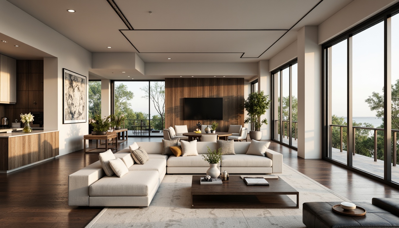 Prompt: Modern living room, sleek furniture, minimalist decor, functional layout, ample natural light, floor-to-ceiling windows, sliding glass doors, polished hardwood floors, comfortable seating areas, stylish coffee tables, decorative vases, greenery accents, soft warm lighting, 1/1 composition, shallow depth of field, realistic textures, ambient occlusion.