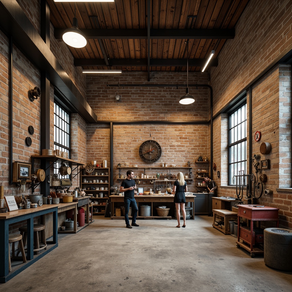 Prompt: Industrial workshop atmosphere, exposed brick walls, metal beams, reclaimed wood accents, functional machinery, vintage tools, earthy color palette, muted tones, warm beige, industrial blue, rusty red, weathered copper, distressed textures, rough concrete floors, overhead lighting, softbox shadows, 1/1 composition, realistic render, ambient occlusion.