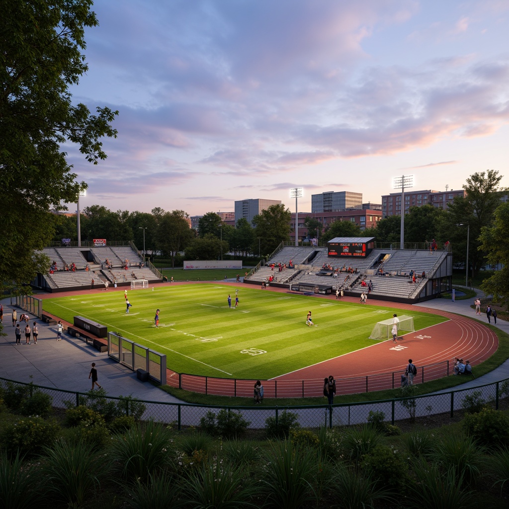 Prompt: Natural grass fields, athletic tracks, sports equipment, goalposts, bleachers, scoreboard, floodlights, evening ambiance, warm sunset lighting, shallow depth of field, 3/4 composition, panoramic view, realistic textures, ambient occlusion, modern sports facility architecture, sleek metal structures, durable concrete surfaces, vibrant team colors, dynamic crowd scenes, energetic atmosphere, safety fencing, accessible walkways, parking lots, surrounding trees, lush landscaping.