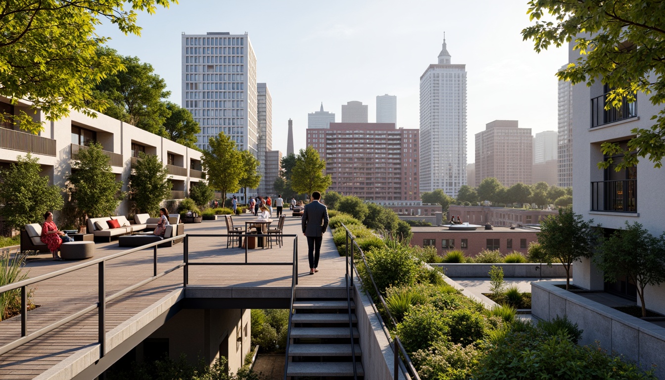 Prompt: Community-focused social housing, elevated viewing platforms, urban landscape, city skyline, modern architecture, sleek metal railings, wooden decking, green roofs, communal gardens, vibrant street art, eclectic furniture, cozy seating areas, warm lighting, shallow depth of field, 1/1 composition, realistic textures, ambient occlusion.