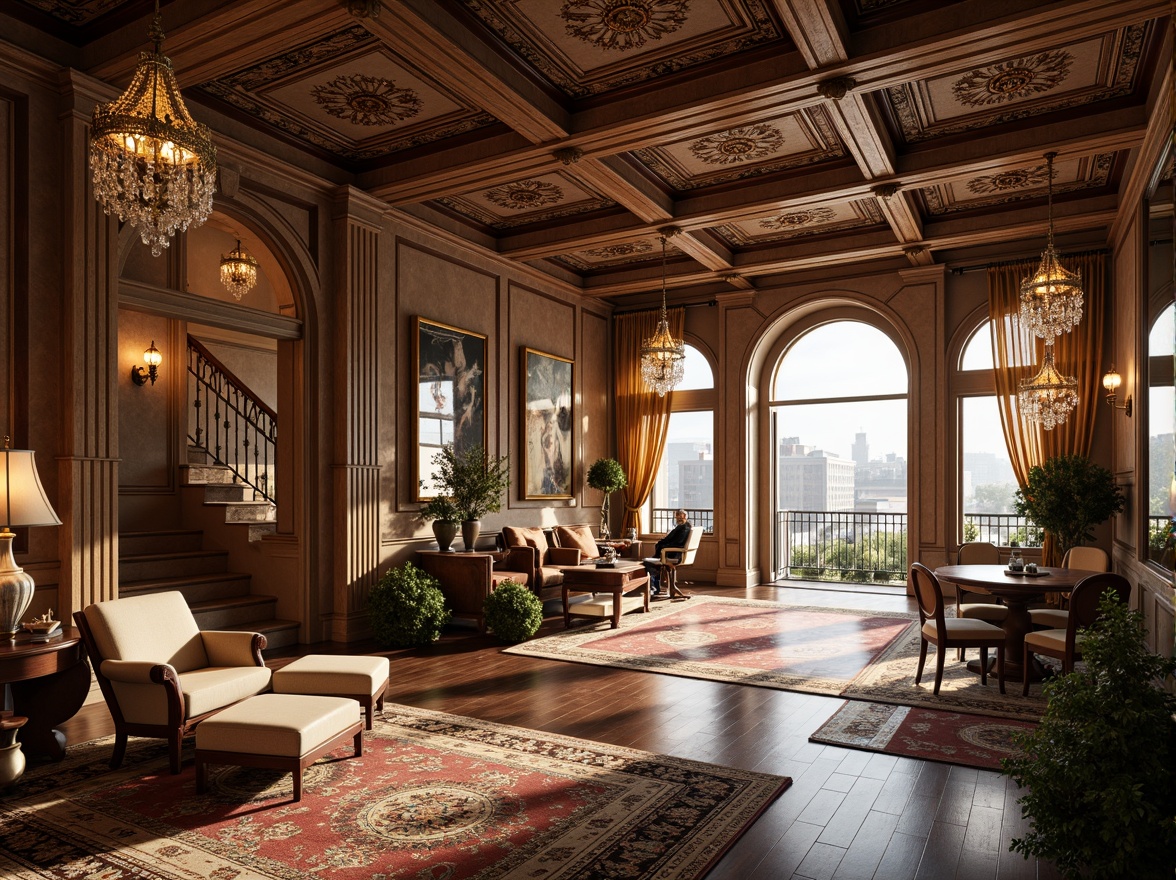 Prompt: Elegant Renaissance-style apartments, ornate ceiling decorations, intricate moldings, luxurious chandeliers, crystal droplets, soft warm lighting, coffered ceilings, decorative beams, rustic wooden accents, vintage-inspired fixtures, rich velvet drapes, lavish furnishings, opulent textiles, Baroque patterns, gilded details, sophisticated color palette, high-end finishes, dramatic archways, grand entranceways, sweeping staircases, panoramic city views, morning sunlight, 1/1 composition, shallow depth of field, realistic textures.