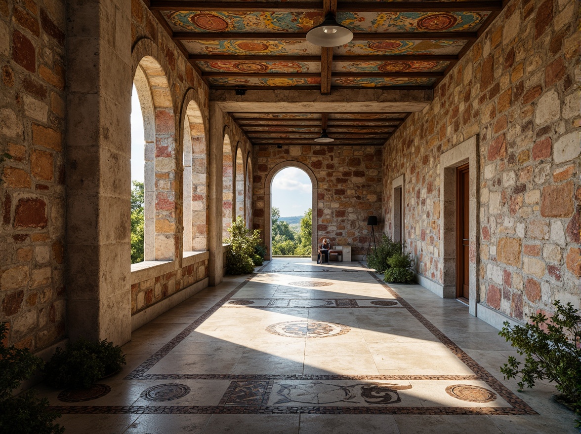 Prompt: Rough stone walls, weathered wooden planks, rusty metal accents, smooth concrete floors, intricate tile patterns, vibrant colorful murals, ornate plaster ceilings, distressed brick facades, natural rock formations, earthy tones, organic shapes, modern minimalist aesthetic, abundant natural light, soft warm glow, shallow depth of field, 1/1 composition, realistic textures, ambient occlusion.