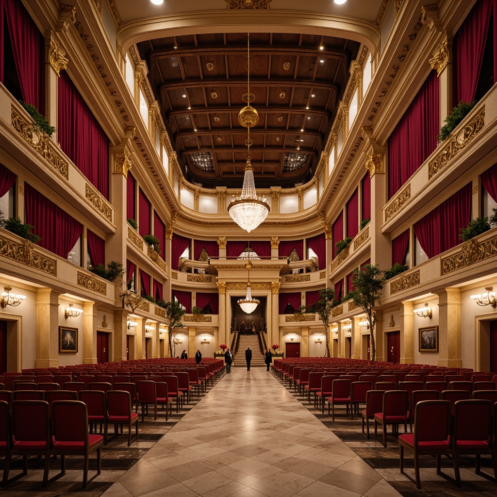 Prompt: Grand concert hall, ornate details, rich velvet curtains, polished marble floors, intricate moldings, gilded accents, luxurious chandeliers, soft warm lighting, shallow depth of field, 3/4 composition, panoramic view, realistic textures, ambient occlusion, neoclassical architecture, symmetrical facades, Corinthian columns, ornate balconies, rusticated bases, smooth limestone walls, decorative friezes, carved wooden panels, intricate plasterwork, opulent furnishings, lavish upholstery, regal red velvet, golden hardware, crystal chandeliers.