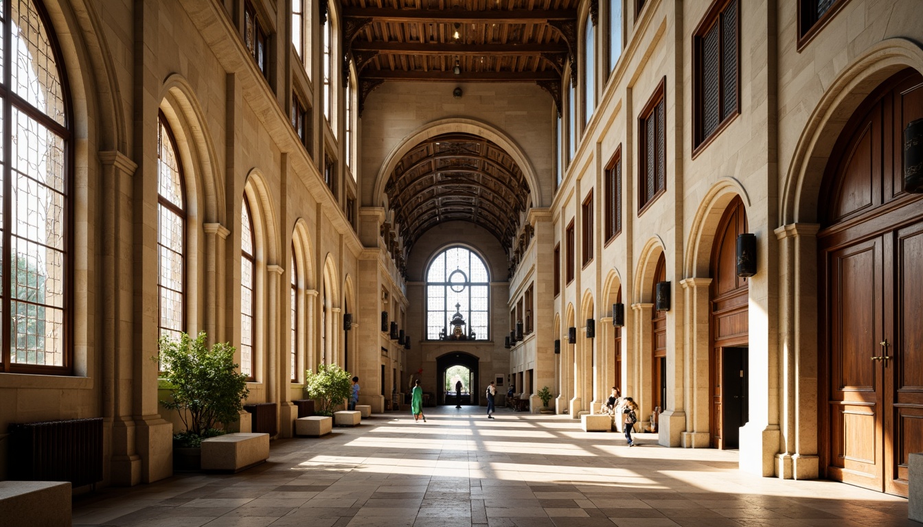 Prompt: Grand Romanesque cathedral, ornate stone carvings, stained glass windows, high ceilings, clerestory lighting, arched doorways, rustic wooden doors, intricate frescoes, vaulted roofs, natural stone flooring, warm beige tones, soft diffused light, indirect sunlight, 1/1 composition, symmetrical framing, subtle shadows, ambient occlusion, realistic textures.