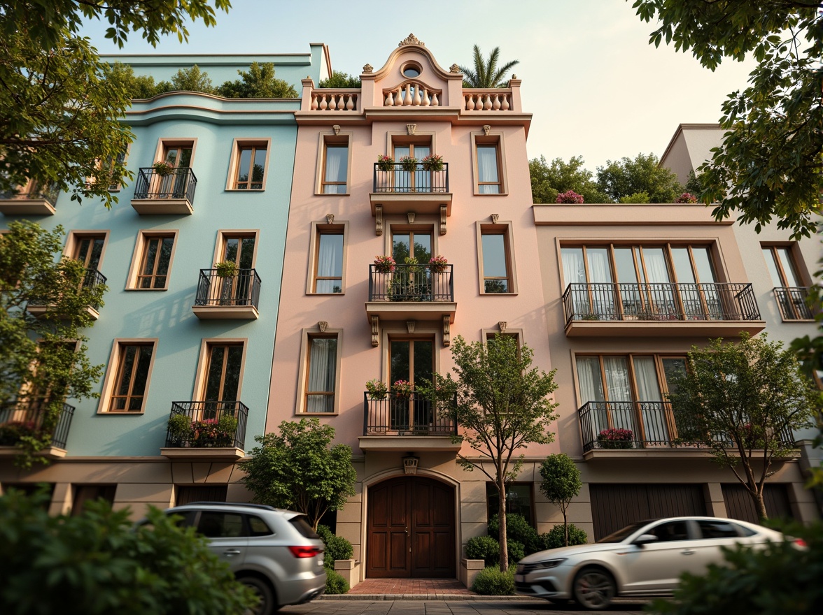 Prompt: Whimsical apartment building, ornate facades, soft pastel colors, delicate ironwork, curved balconies, romantic-era inspired architecture, lush greenery, climbing vines, flower-filled window boxes, warm golden lighting, shallow depth of field, 1/1 composition, intimate close-up shots, realistic textures, ambient occlusion, ornamental details, intricate stonework, decorative cornices, elegant entranceways.