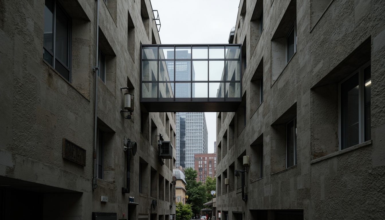 Prompt: Rough concrete walls, brutalist architecture, industrial textures, exposed ductwork, metallic beams, raw unfinished surfaces, urban cityscape, overcast skies, dramatic shadows, high-contrast lighting, cinematic composition, 2.35