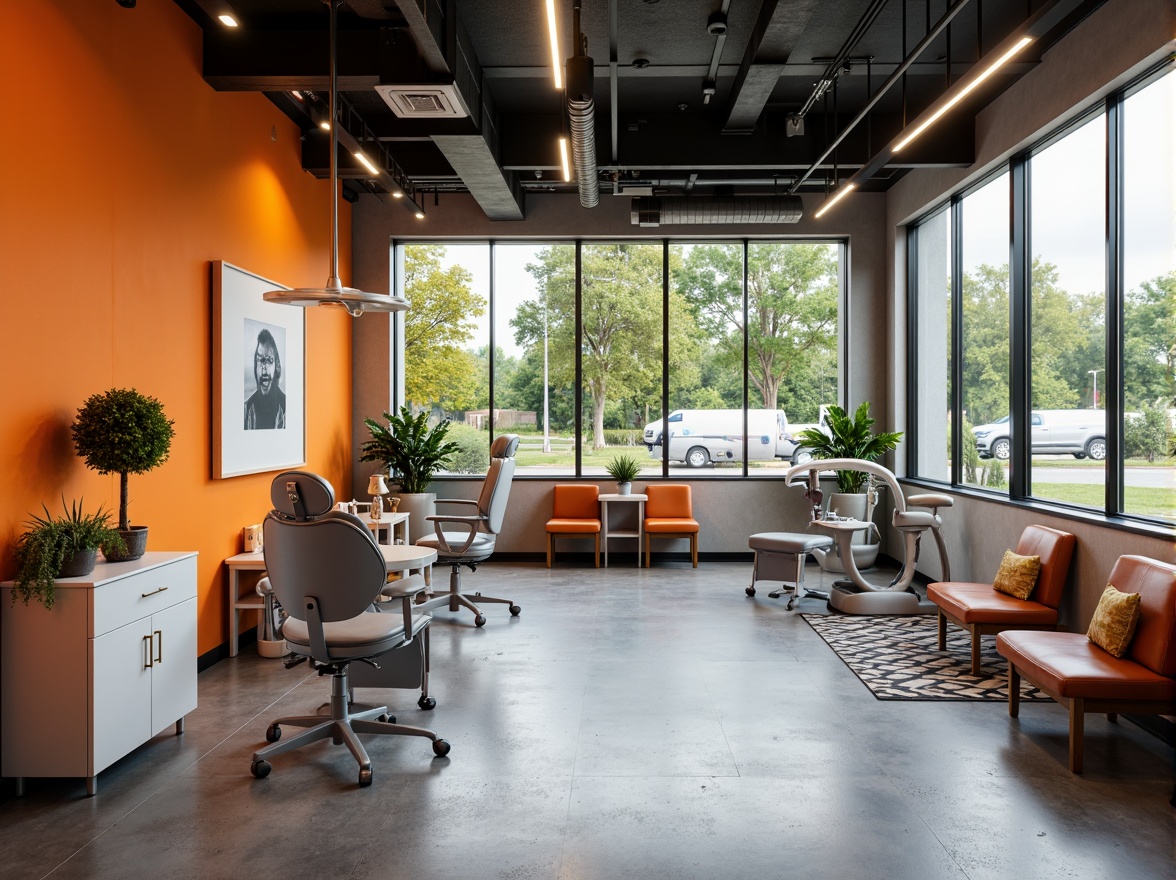 Prompt: Minimalist dental clinic, industrial chic aesthetic, polished concrete floors, sleek metal furniture, bold color accents, geometric patterns, natural light pouring in, large windows, minimalist decor, functional layout, modern dental equipment, stainless steel surfaces, ergonomic chairs, sterile atmosphere, soft warm lighting, shallow depth of field, 3/4 composition, realistic textures, ambient occlusion.