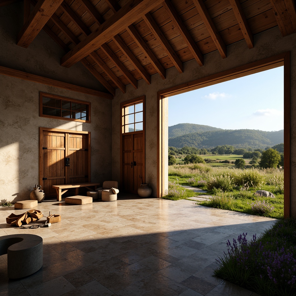 Prompt: Rustic barn, wooden beams, vintage farm tools, natural stone walls, earthy tones, soft warm lighting, large windows, wooden shutters, ornate metal hinges, distressed wood textures, rural landscape, rolling hills, green pastures, wildflowers, sunny day, shallow depth of field, 3/4 composition, panoramic view, realistic textures, ambient occlusion.