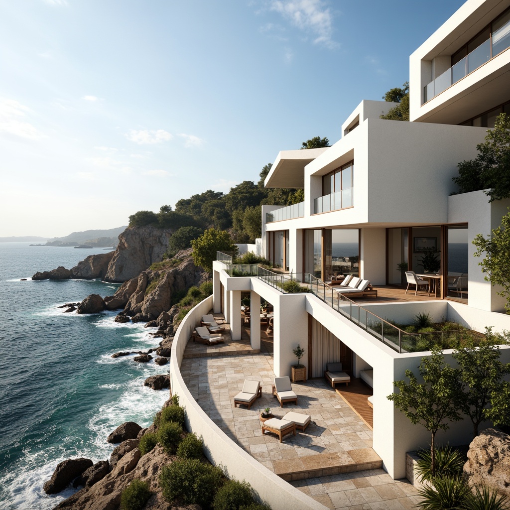 Prompt: Curved coastal lines, rugged cliffside, ocean waves crashing, salty sea air, modern geometric buildings, angular white walls, cantilevered roofs, large glass windows, sliding doors, minimalist interior design, natural stone flooring, reclaimed wood accents, nautical-themed decor, marine-inspired color palette, soft warm lighting, shallow depth of field, 1/1 composition, symmetrical framing, realistic textures, ambient occlusion.