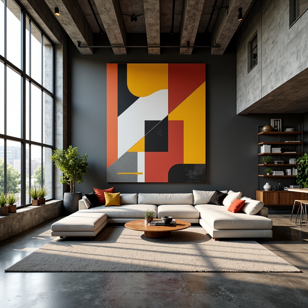 Prompt: Geometric apartment interior, constructivist style, bold color blocking, abstract artwork, industrial metal accents, exposed ductwork, polished concrete floors, minimalist furniture, functional shelving units, asymmetrical compositions, dynamic spatial layout, fragmented forms, overlapping planes, avant-garde decor, urban loft atmosphere, natural light pouring in, high ceilings, dramatic shadows, 1/1 composition, low-key lighting, realistic textures, ambient occlusion.