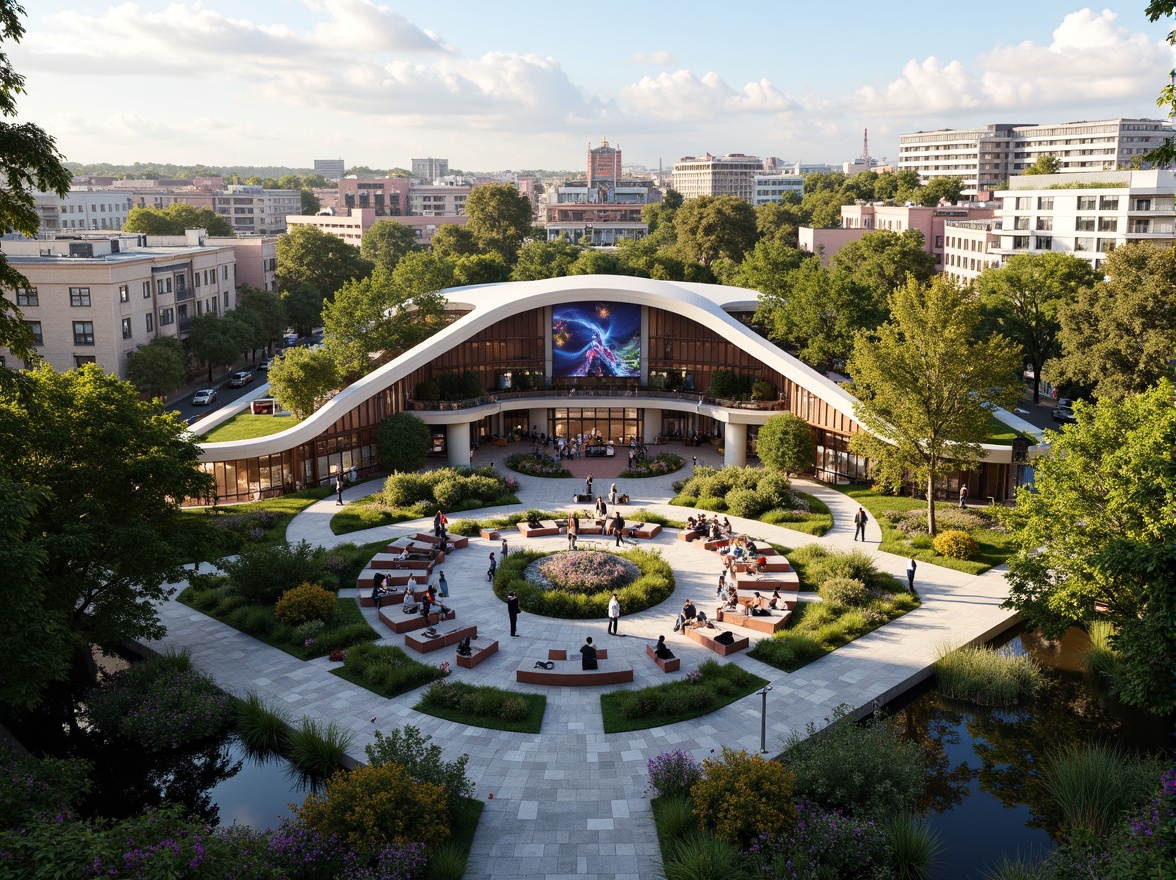 Prompt: Vibrant performing arts center, curved modern architecture, glass fa\u00e7ade, cantilevered rooflines, outdoor amphitheater, lush greenery, blooming flowers, natural stone walkways, meandering paths, scenic overlooks, tranquil water features, soft warm lighting, shallow depth of field, 3/4 composition, panoramic view, realistic textures, ambient occlusion, urban cityscape, bustling streets, eclectic neighborhood, artistic murals, street performers, lively atmosphere.