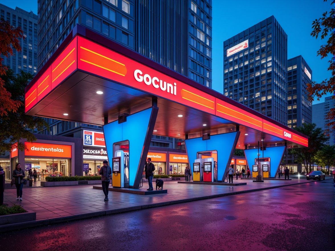 Prompt: Vibrant gas station, bold color scheme, neon lights, futuristic architecture, sleek metal canopies, angular lines, modern fuel pumps, LED signage, dynamic branding, high-contrast colors, energetic atmosphere, urban cityscape, busy streets, fast-paced environment, shallow depth of field, 1/1 composition, realistic textures, ambient occlusion.