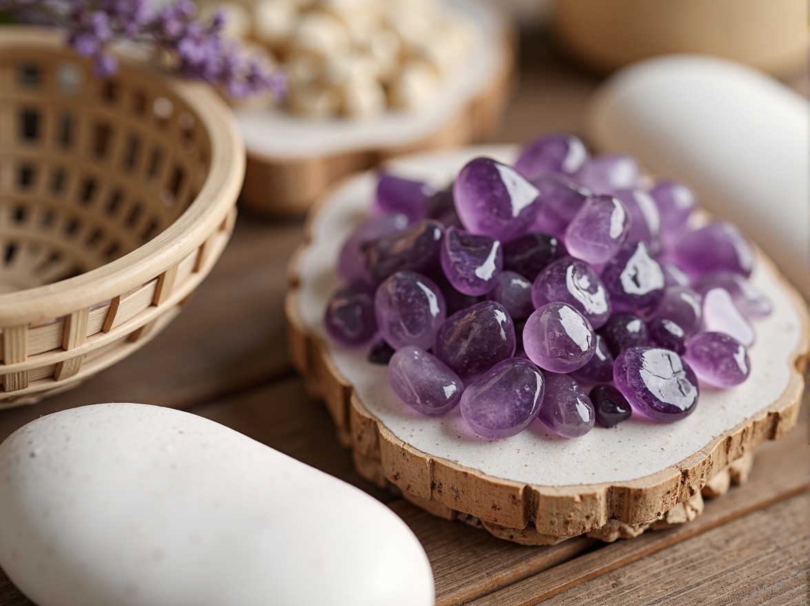 Prompt: Rich amethyst gemstones, natural bamboo textures, earthy tones, soft lavender hues, creamy whites, warm beige accents, organic shapes, woven patterns, subtle sheen, matte finishes, elegant simplicity, minimalist decor, serene ambiance, soft diffused lighting, shallow depth of field, 1/1 composition, realistic renderings, ambient occlusion.