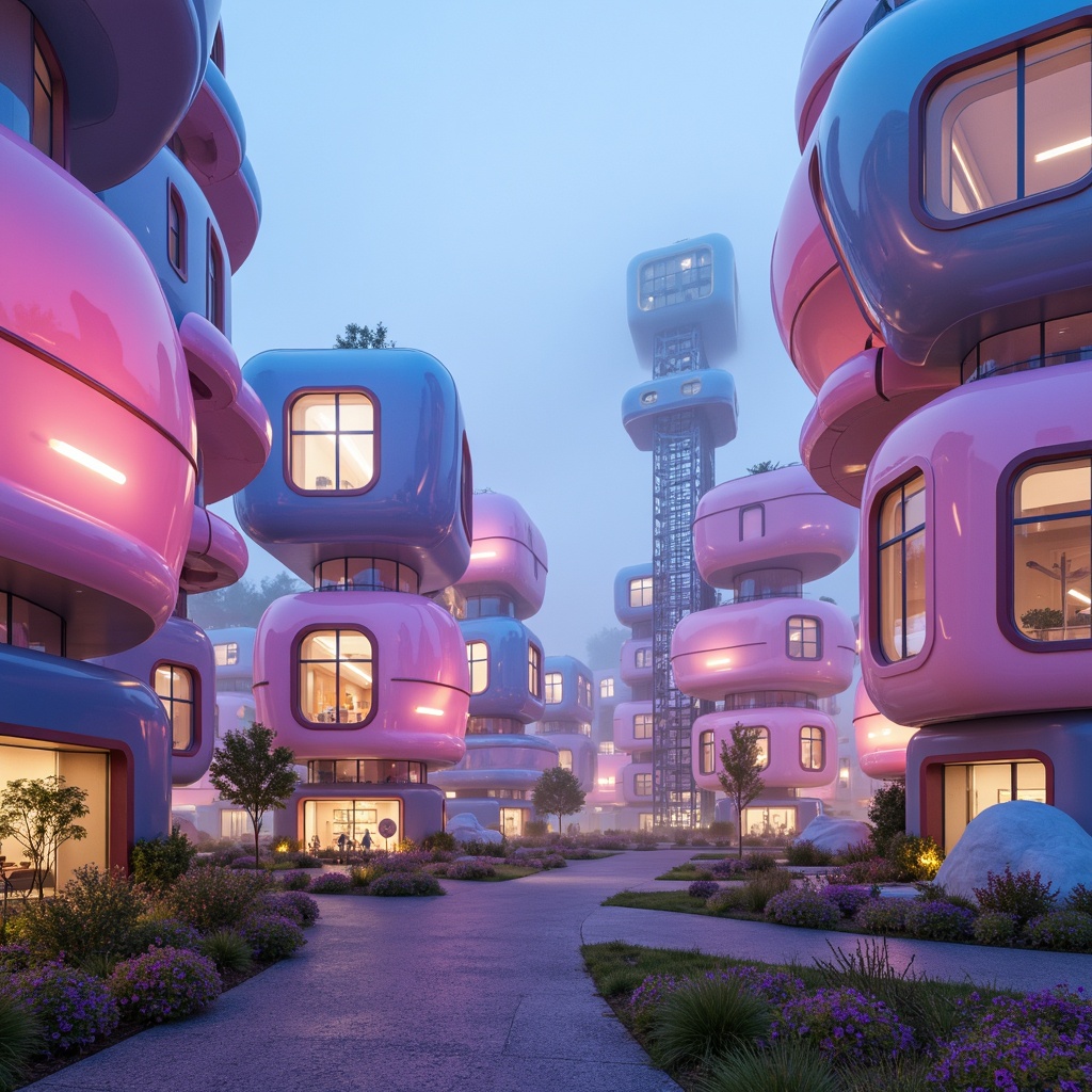 Prompt: Vibrant blob-shaped buildings, iridescent colors, gradient effects, pastel hues, soft warm lighting, whimsical architecture, playful rounded forms, futuristic design, neon-lit accents, glowing LED lights, translucent materials, ethereal ambiance, dreamy atmosphere, surreal landscapes, misty foggy surroundings, shallow depth of field, 1/1 composition, symmetrical balance, bold color blocking, analogous color schemes, triadic color harmony, monochromatic gradients.